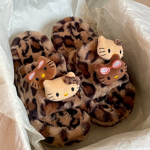 Y2K Hello Kitty Pantoufle en Peluche à Imprimé Léopard Sanrio Mignonne Automne et Hiver Fille Épicée Semelle Épaisse Mode Antidérapante Chaussures d'Intérieur