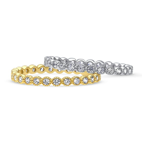 BERRICLE Sterling Silver Bubble Wedding Rings Milgrain Bezel Set Round Cut Cubic Zirconia CZ Milgrain Eternity Ring Set for Women, Rhodium Plated and Yellow Gold Flashed Size 7.5