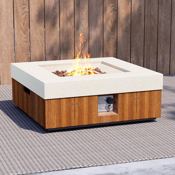 MOALCOFER 28'' Square Concrete Fire Pit Table,Dual-Texture Design with Lava Rocks and Cover