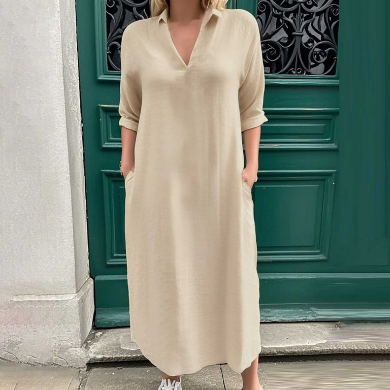 MIXUE Summer Dresses for Women Solid Color V Neck Long Sleeve Pocket Maxi  Dress Streetwear,Beige,XXL - Walmart.com