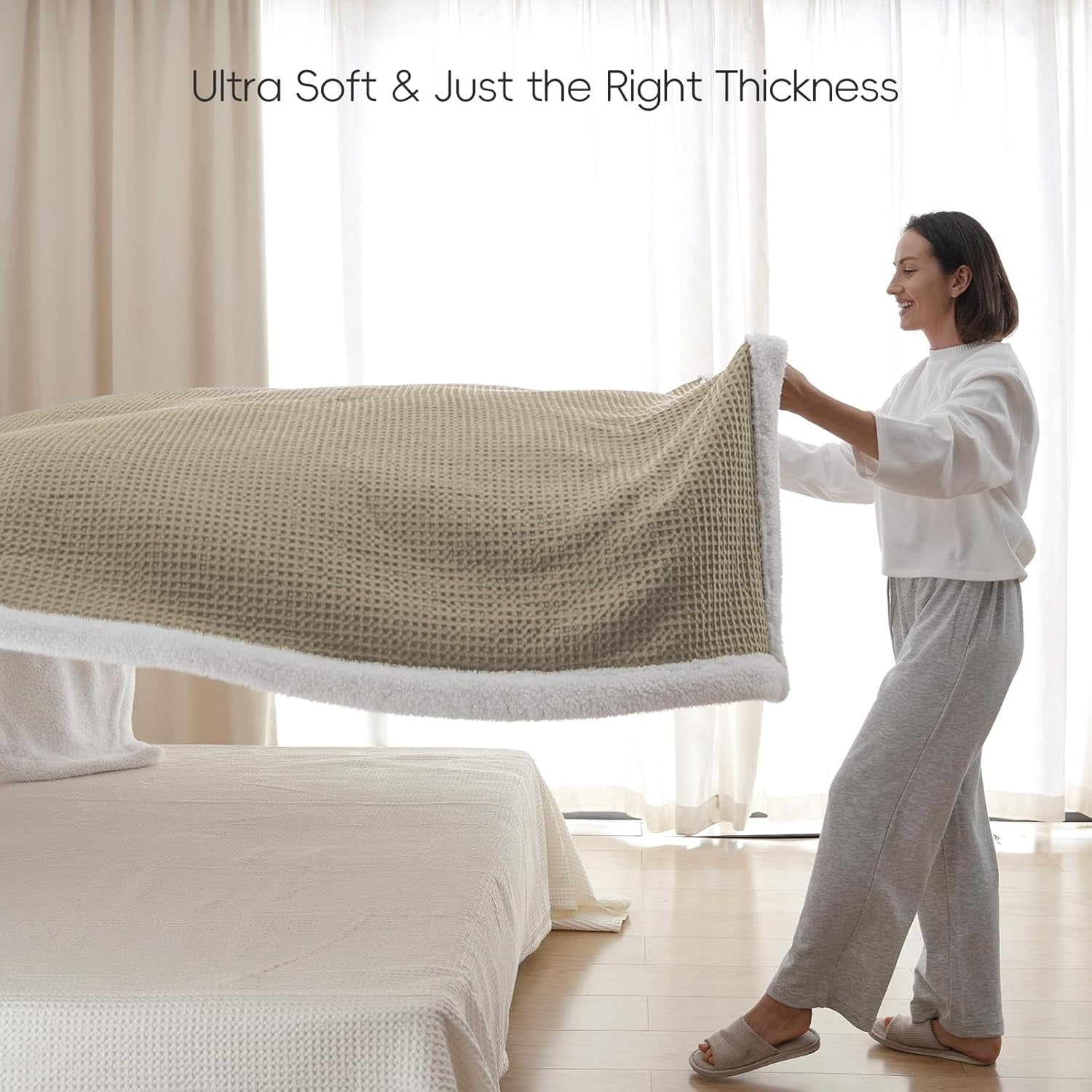 PHF Waffle Sherpa Bed Blanket Twin Size, Cozy Warm Reversible Plush Flannel Blanket for Winter, 60" x 80", Khaki