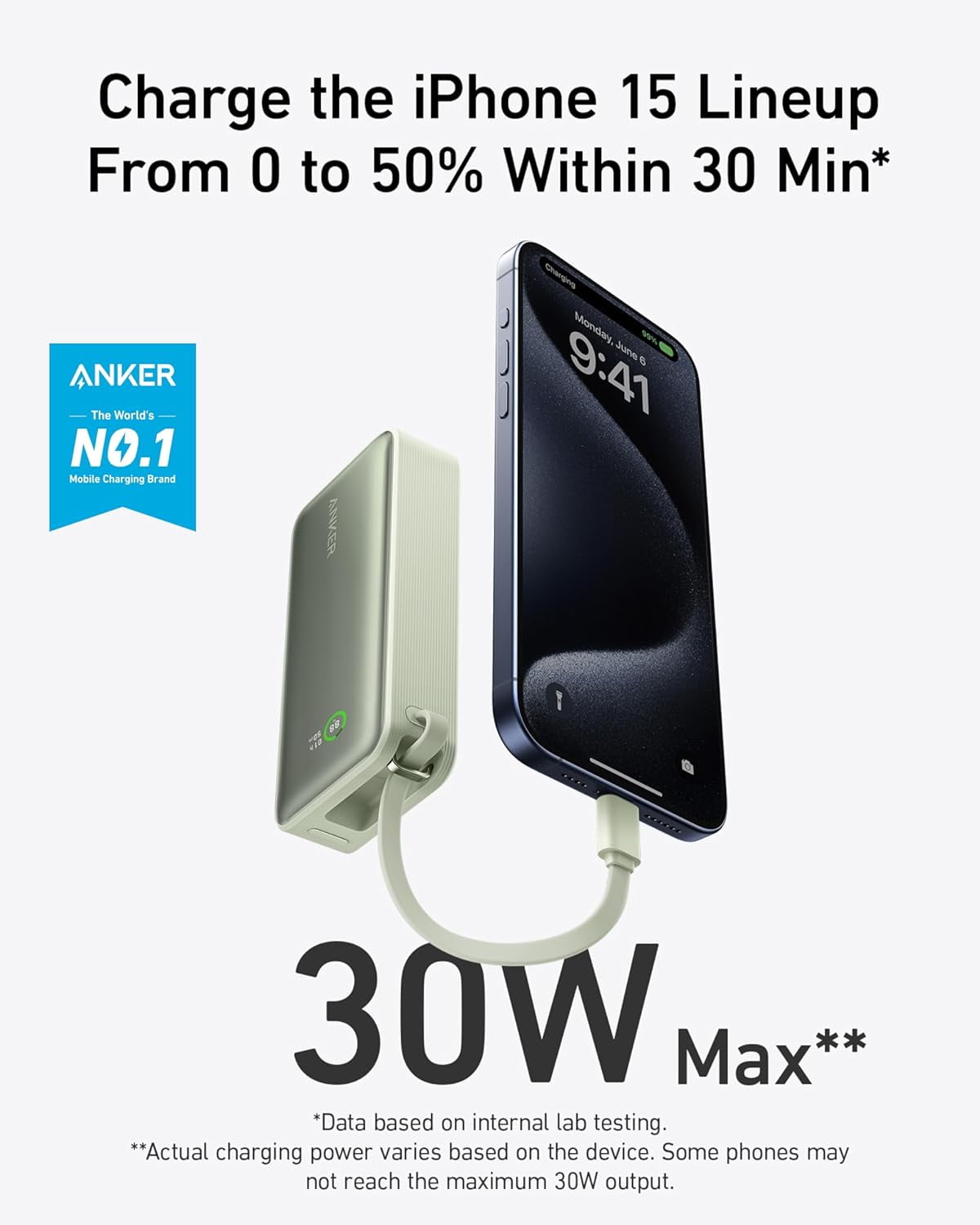 Anker Nano Power Bank, 10K Portable Charger with Built-in USB-C Cable, PD 30W Max Output with 1 USB-C, 1 USB-A, Compatible for iPhone 16/15 Series, MacBook, Galaxy, iPad, and More