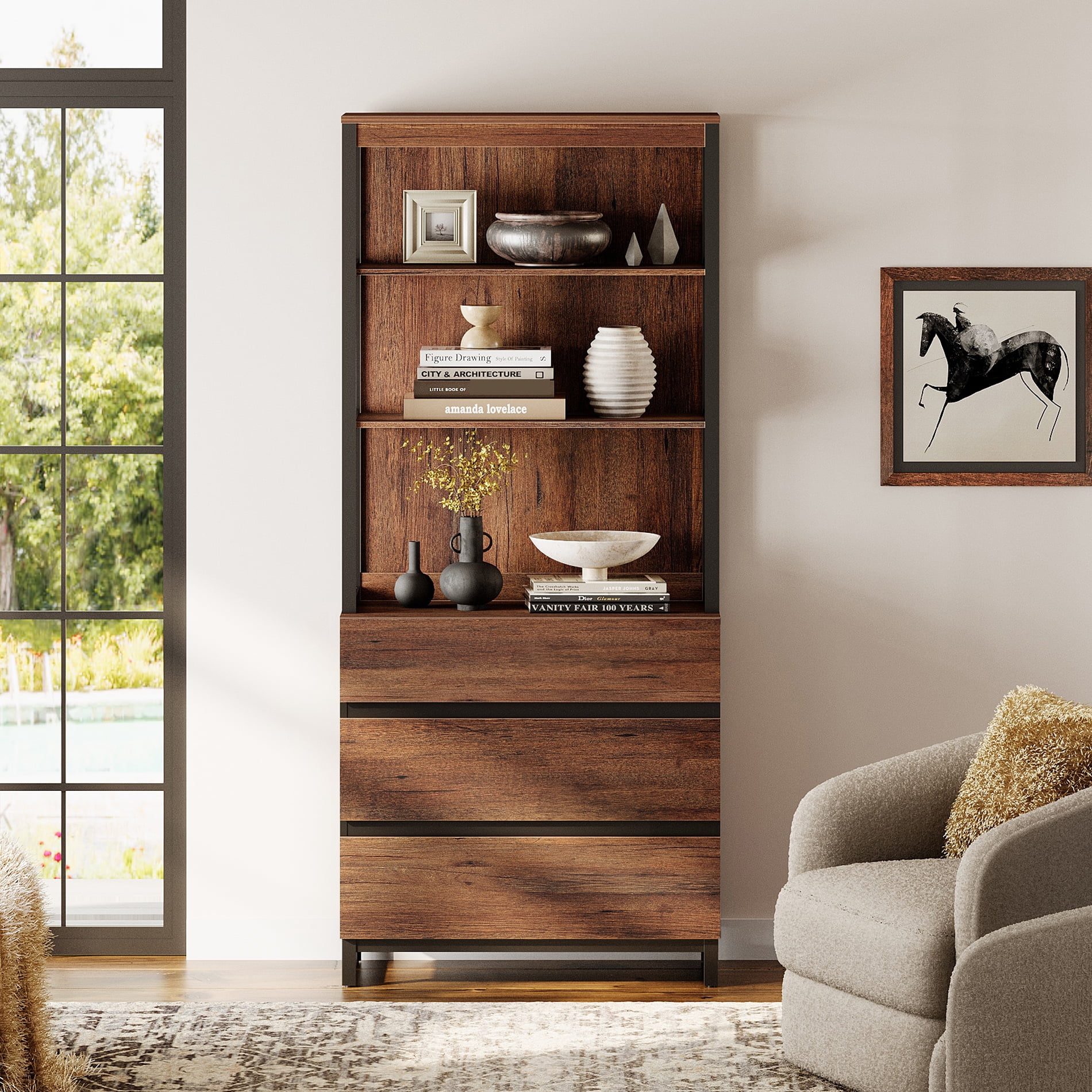 WAMPAT Modern 72" Tall Bookcase with 3 Drawers and Open Book Shelfs, Library Book Shelf with Storage Cabinet, Wood Freestanding Bookshelf for Home Office, Living Room,Brown