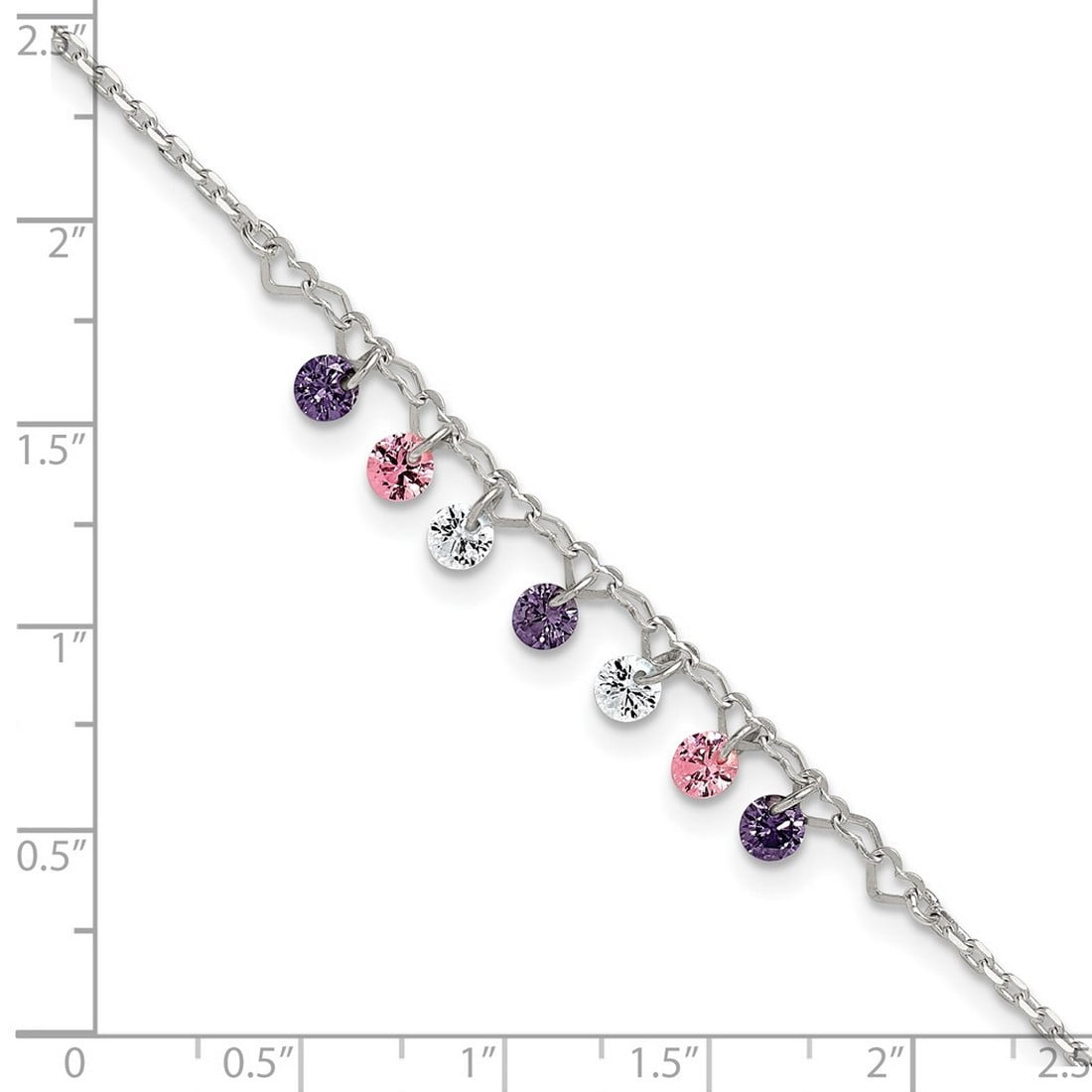 1.2mm 925 Sterling Silver Polished Multicolor CZ and Love Hearts Plus 1in Extension Anklet 9 Inch Anklet for Women