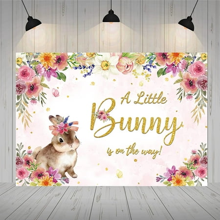 Image of 7×5ft Bunny Baby Shower Backdrop Girls A Little Bunny is on The Way Background Easter Floral Cute Rabbit Bunny Party Decorations Supplies Banner