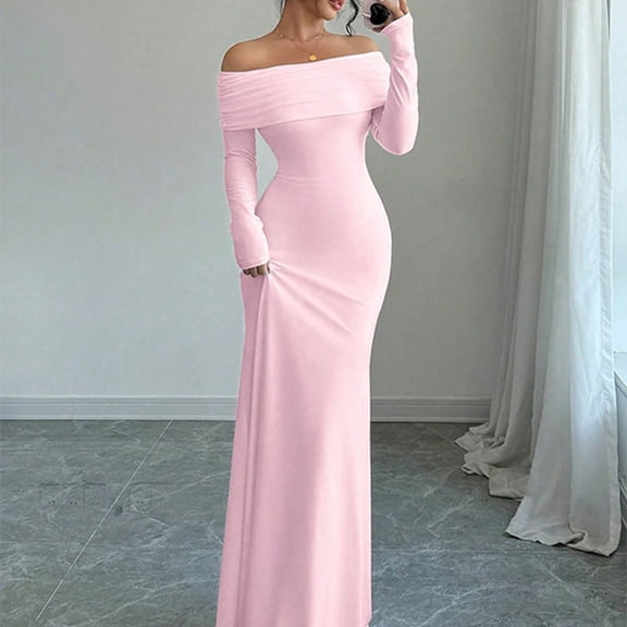 Fshiont Women's Long Sleeve Off The Shoulder Bodycon Dress Elegant Maxi Dress Cocktail Dresses Pink XL