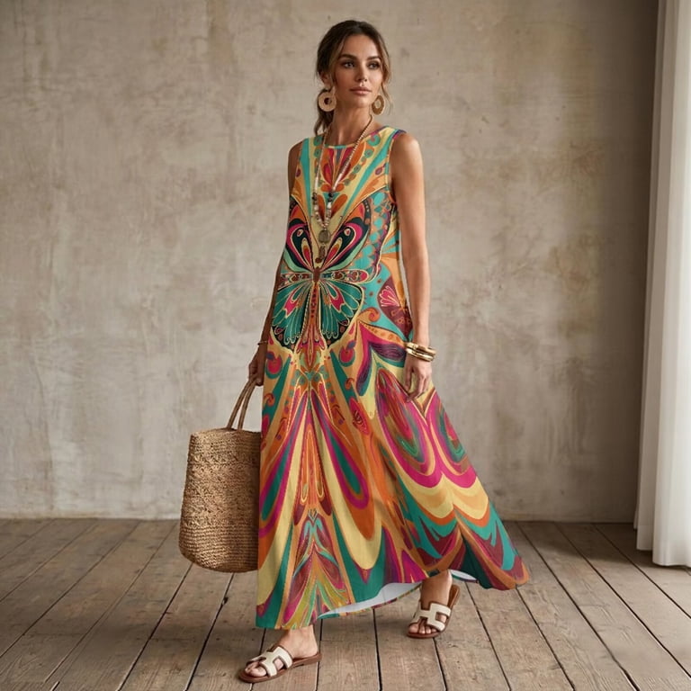 Fkelyi Bohemian Butterfly Print Women's Maxi Dress for Summer Beach Tank Dress Faux Linen Casual Dresses with Pockets Flowy Sundress for Women Ladies