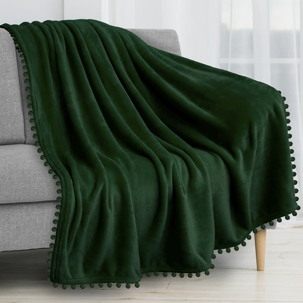 PAVILIA Pom Pom Blanket Throw, Emerald Green Dark Soft Fleece Pompom