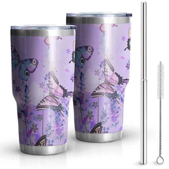 30oz Purple Lavender Butterfly Scene Tumblers Stainless Steel Tumbler with Lid and Straw,Vacuum Insulated Double Wall Travel Tumbler Cups Mug with Cleaning Brush for Coffee,Tea