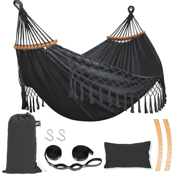 Portable Tree Hammock Swing with Spreader Bar and Tassel for 2 People Dark Gray