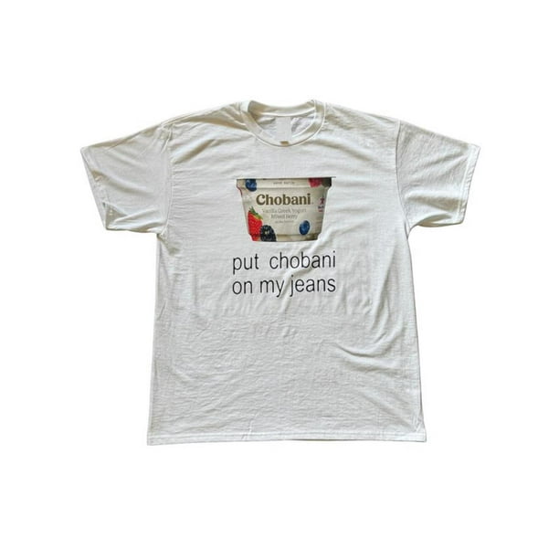 Divertida camiseta de algodón "Pon Chobani en mis vaqueros" - 100 % algodón, ligera, de 173 g, para gimnasio y cómoda camiseta de entrenamiento - Camiseta unisex informal y suave