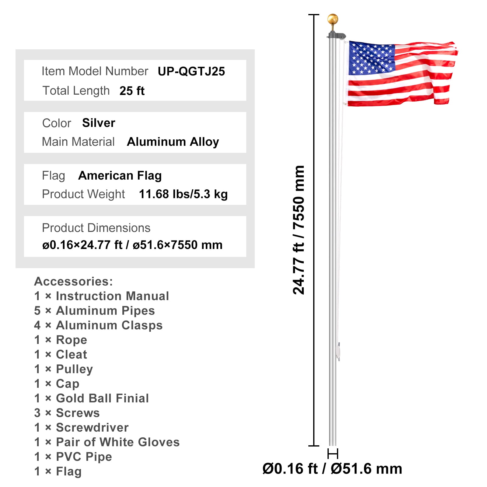 KFFKFF 25FT Modular Flagpole Kit, Durable Aluminum Outdoor Flagpoles, 3 Configuration Options with 3x5 US Flag, Quality Accessories, Silver