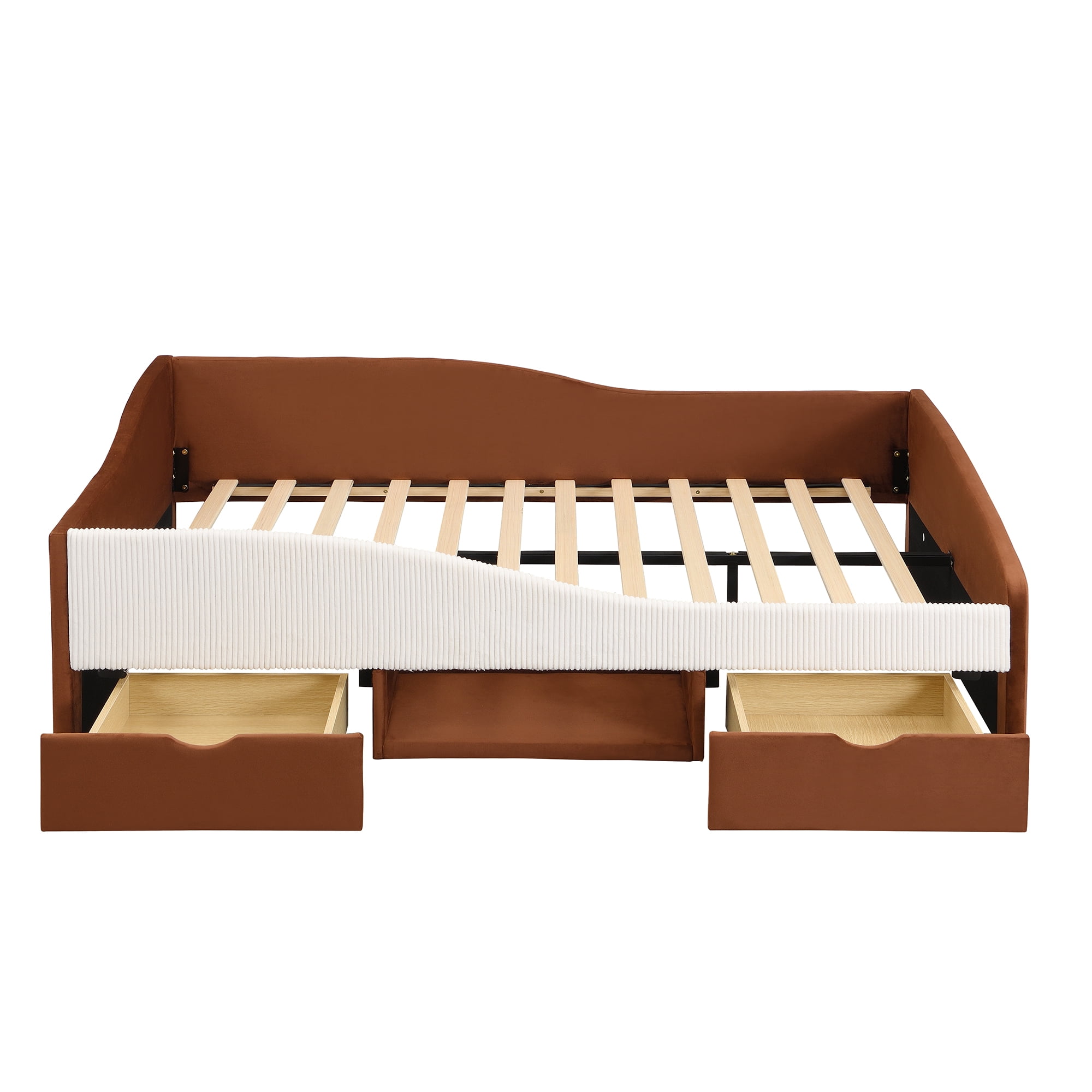Mintazer Full Size Cool Upholstered Daybed Frame with 2 Storage Drawers & Open Shelf & Guardrail for Kids Boys Girls, Brown