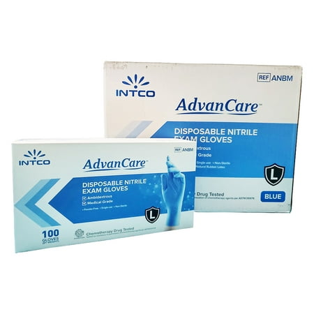 

AdvanCare Disposable Nitrile Exam Gloves ANBM10016 Powder Free Latex Free Medical Grade Chemotherapy Drug Tested 10 Pack (1000 Count 100/Box) - Blue Large