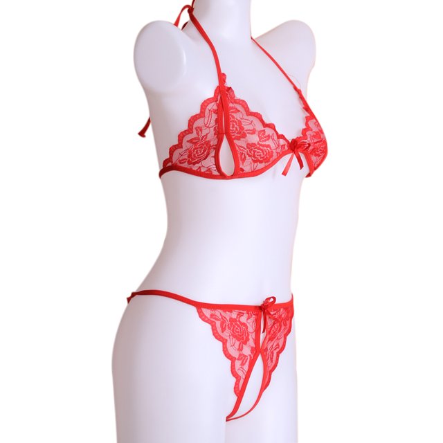 Conjunto de lencería Sujetador abierto de encaje sexy para mujer Tanga sin entrepierna Conjunto de lencería con espalda en T FLhrweasw Para estrenar