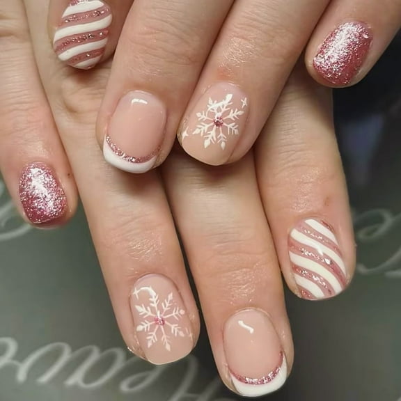 Yoyauz 24 PCS Christmas Fake Nails Shining Pink Snowflake Design Short Fake Nails, Christmas Color Matching Nails for Winter DIY Nail Decoration