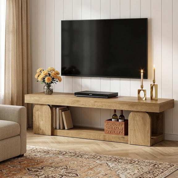 Finmind 63" TV Stand for TVs up to 65", Farmhouse Wood Media Console with Open Shelf, Natural