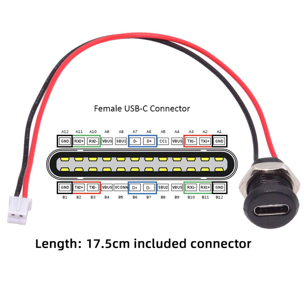 JJEAN-5pcs DIY OEM Type C Female Socket to 2Pin Header Wire Extension DC 5V Power Cord Pitch=2.0mm Panel Mount USB C Waterproof Jack 17.5cm