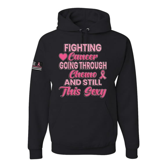Wild Bobby, Fighting Cancer And Still Sexy USA Flag Sleeve Breast Cancer Awareness Unisex Hoodie Sweatshirt, Black, Medium