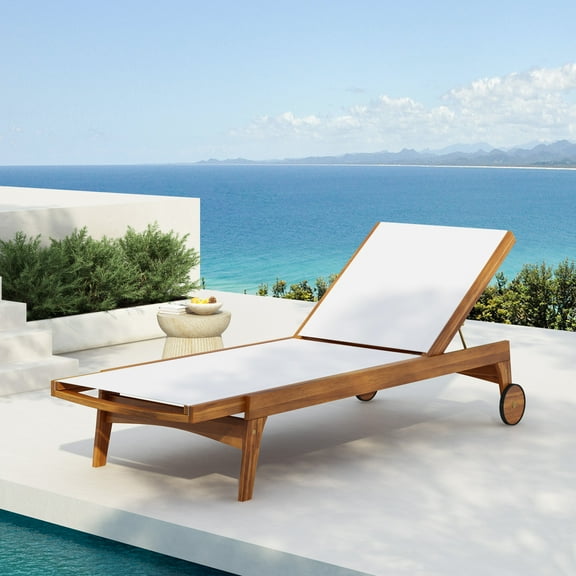 Christopher Knight Home Outdoor Wood Chaise Lounge with Mesh Seat, Adjustable Backrest & Wheels, Beige