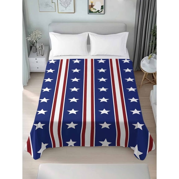 4th of July California King Size Flat Sheet,Wrinkleproof & Fadeproof Cooling Flat Bed Sheet Only,Independence Day Blue White Red Stripes Country Star Soft Bedding Top Sheets 108 x 98 Inches
