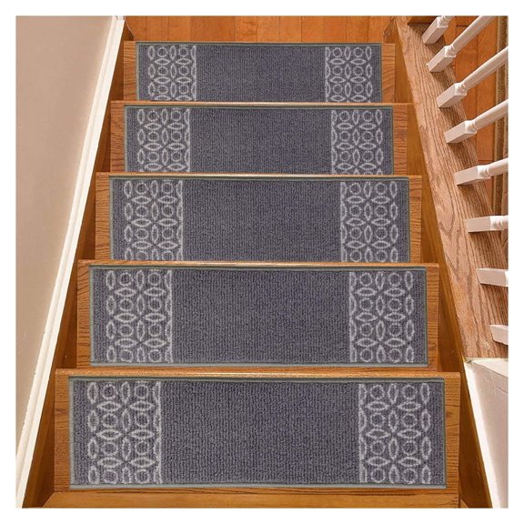 Berber Stair Treads Geo Border Skid Slip Resistant Backing Indoor Carpet Stair Treads Geo Border Design 9 inch x 31 inch (Set of 13, Grey)