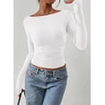 thumbnail image 3 of PRETTYGARDEN Long Sleeve Shirts for Women Fall Ruched Sides Boat Neck Basic Tee Casual Fitted Ribbed Knit Crop Tops, 3 of 6