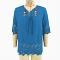 thumbnail image 6 of Horkkom Plus Size Tops for Women Lace Floral Print Casual Tops Summer V Neck 3/4 Length Sleeve Tops Blue L, 6 of 8