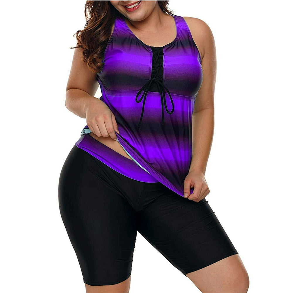 Chama Women's Plus Size Racerback Tankini Swimsuits with Swim Capris Two Piece Color Block