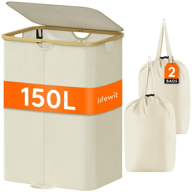 Cesto de ropa Lifewit de 150 litros con tapa y bolsas extraíbles, color beige