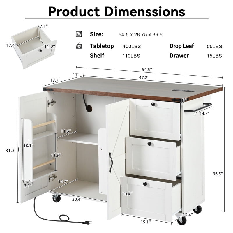 Farmhouse Kitchen Island with Barn Door & Adjustable Shelf, Kitchen Storage Cart with Drop Leaf, Spice Rack & Power Outlet