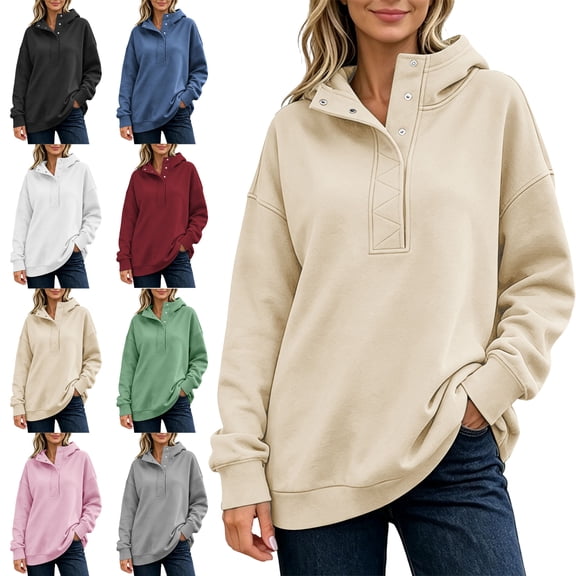 SYwaren Half Button Hoodie for Women Oversized Pullover Casual Long Sleeve Fall Sweatshirt Solid Color Tops