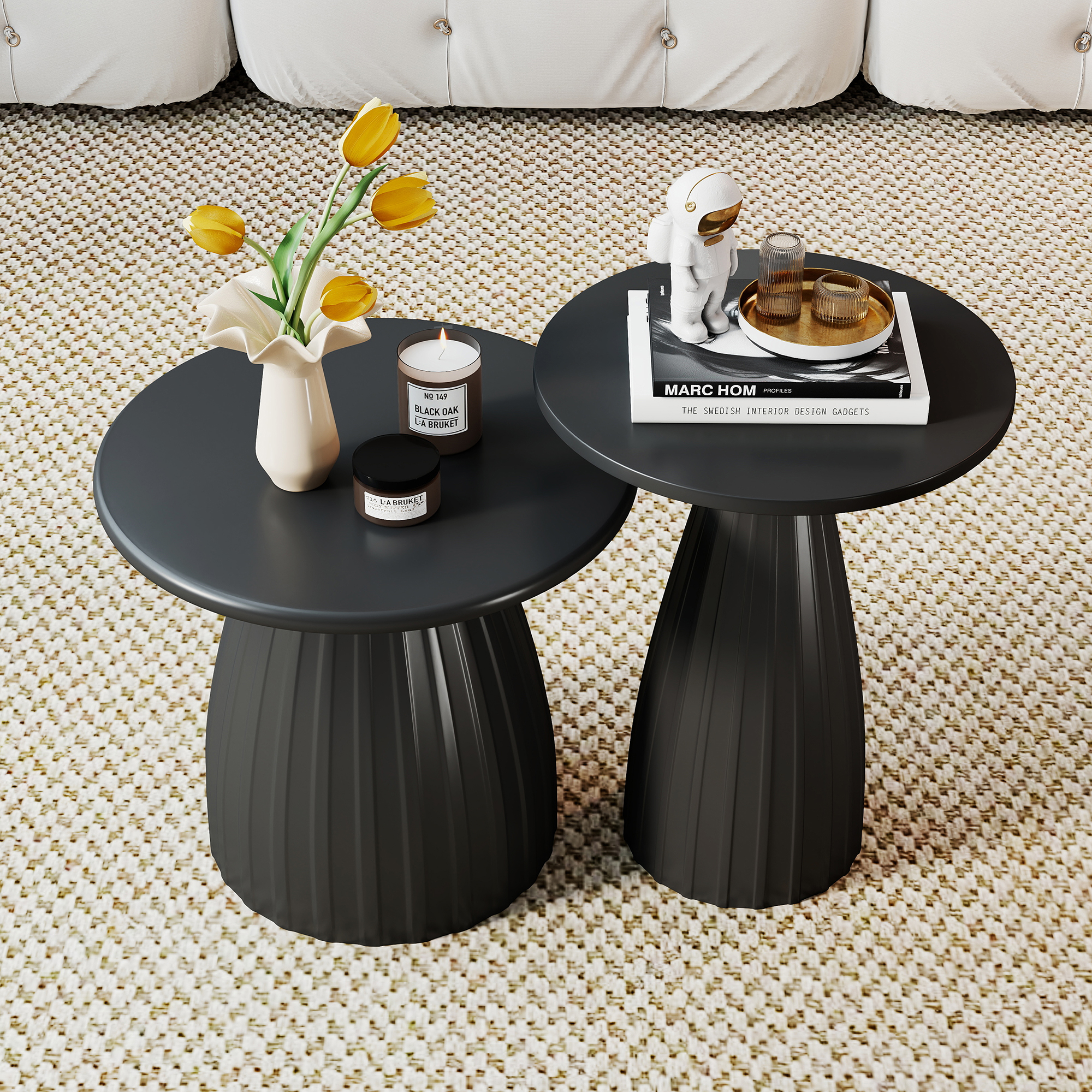 Outdoor Side Tables Set of 2, Small Round End Table, Weather Resistant Metal Steel Side Table for Patio Yard Balcony Garden Bedside, No Assembly, Black