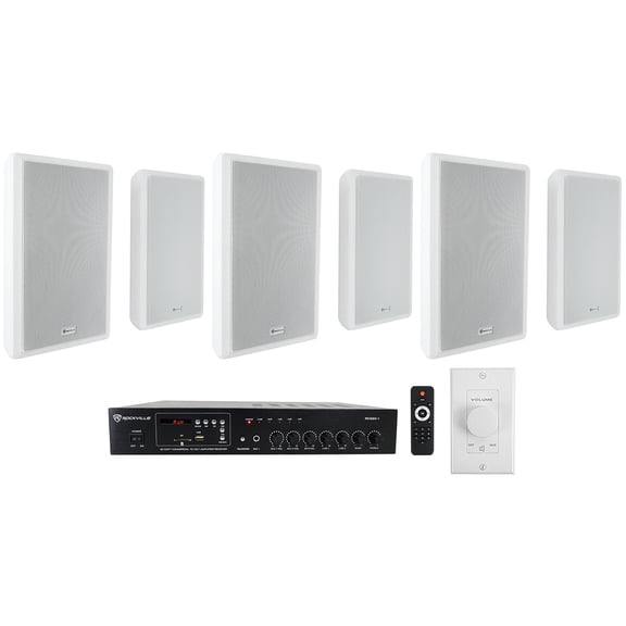 Rockville Commercial Restaurant Amp (6) White Slim Wall Speakers Wall Controller