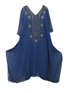 Mogul Women's Blue Georgette Kaftan Kimono Sleeves V-Neckline Sequin Work Cover Up Loose Tunic Caftan One Size