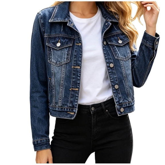Stamzod Denim Jacket for Women Casual Slim Fit Long Sleeve Button Up Cropped Blue Jean Jackets with Pocket Fall Clothes