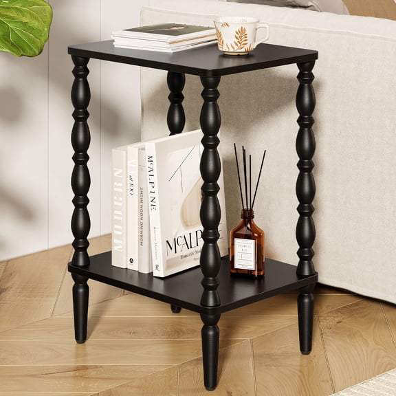 Maliowa 2-Tier Side Table, Small End Table for Living Room Bedroom with Storage Shelf, Vintage Accent Table Nightstand with Spindle Legs, Black