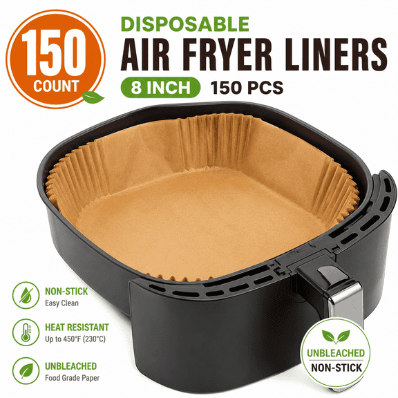 Disposable Air Fryer Liners 150 Count 8 Inch Square Unbleached Parchment Paper Non-Stick Waterproof Oilproof Food Grade for 5-8 QT Air Fryer Basket Baking Roasting Microwave Oven