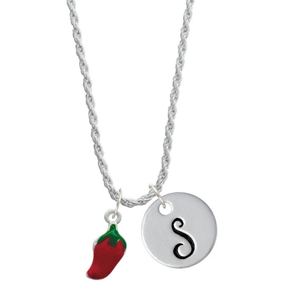 Delight Jewelry Silvertone Red Jalapeno Silvertone Script Initial Disc - S - Charm Necklace, 20"+3"