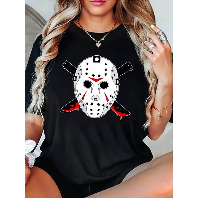 1pc Women'S Casual Crew Neck T-Shirt with Geometric Killer Mask Print, Fashionable Short Sleeve Knit Polyester Top, Comfortable All-Season Summer Tee with Medium Stretch