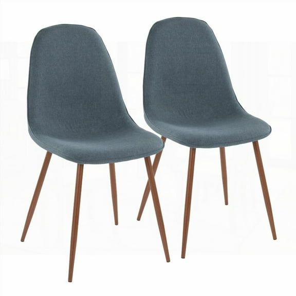 Modern Mid-Century Dining Chairs Set of 2 - Walnut & Blue Fabric
