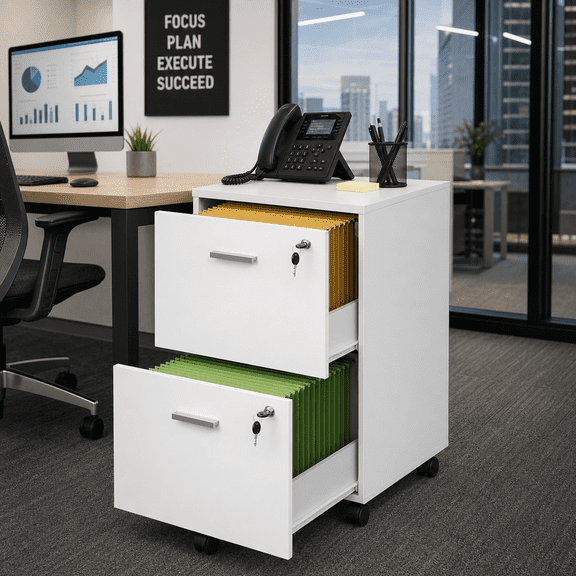GALAXHERO 2 Drawer Filing Cabinet with Lock, Wooden Printer Stand with Storage for Home Office, Mobile Locking File Cabinet Fits Letter/A4 Hanging Files, White