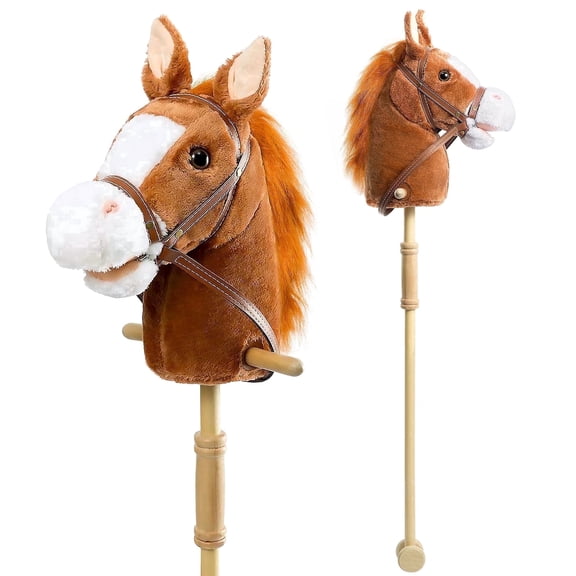 HollyHOME 36 Inch Stick Horse Handcrafted Hobby Horse with Wooden Handles Real Pony Neighing and Galloping Sounds Pretend Play for Kids Dark Brown