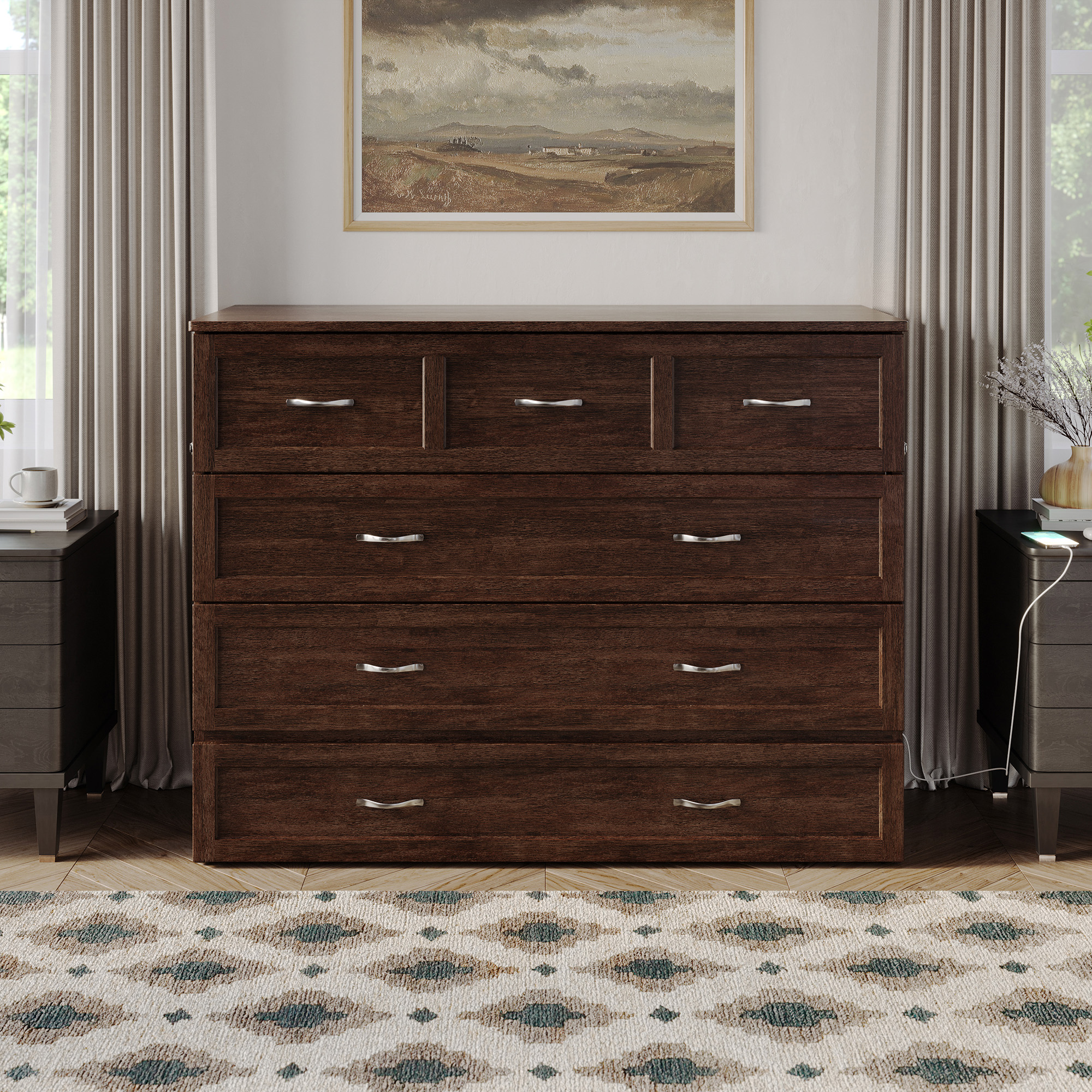 AFI Northfield Full Wood Murphy Bed Chest with 6" Mattress, Drawer & Charger, Burnt Amber
