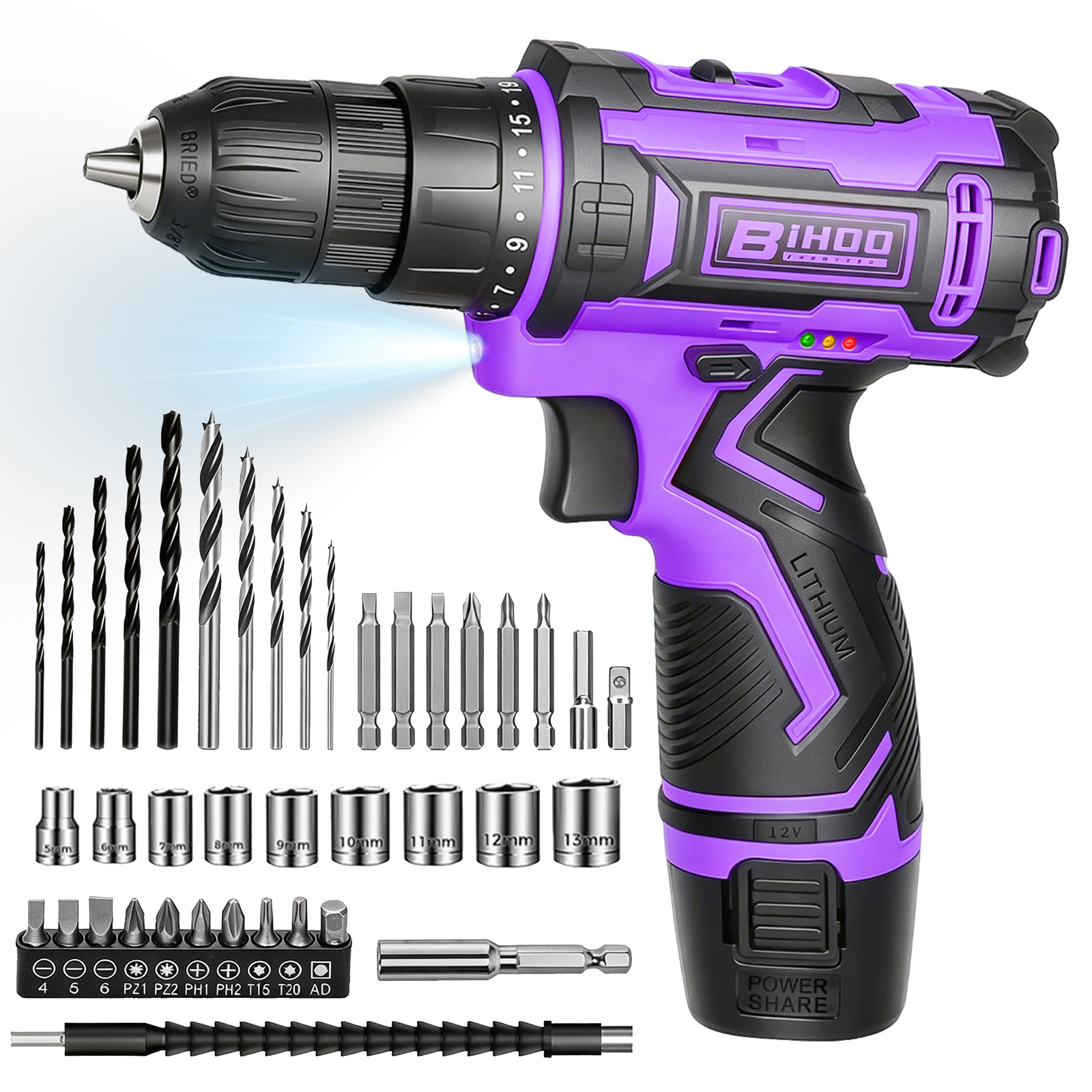 Purple Cordless Drill 12V ,Electric Power Driver Kit,with Drills Bits Set,LED,2 Variable Speed for Home DIY