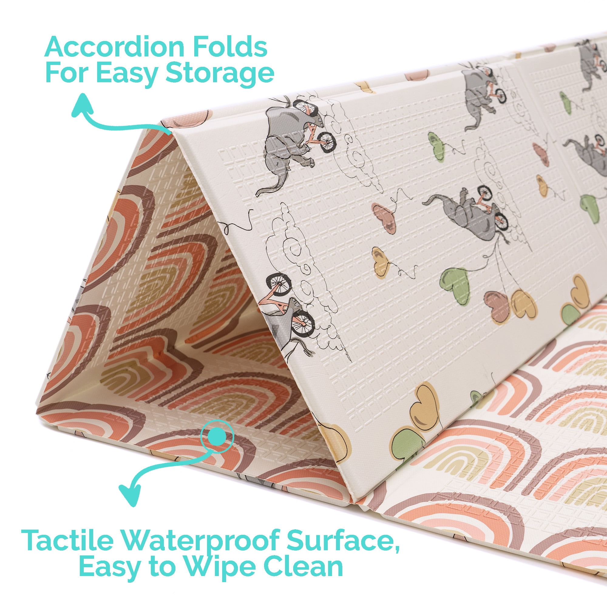 JumpOff Jo Large Foldable Kids Foam Play Mat, Padded Baby Floor Mat, 70 x 59 in - Elephant Rainbow