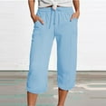 thumbnail image 2 of GEWSEY Womens Cotton Cropped Soft Pants Loose Fit Wide Leg Capri Casual Plus Size Elastic Waist Drawstring Trousers (Light Blue, XXL), 2 of 5