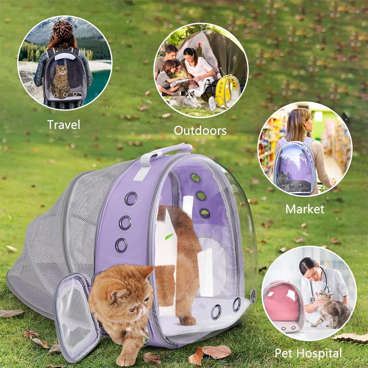 DENZUS Bubble Expandable & Foldable Cat Backpack Carrier, Breathable Pet Backpack for Large Cats, Designed for Hiking, Travelling, Camping