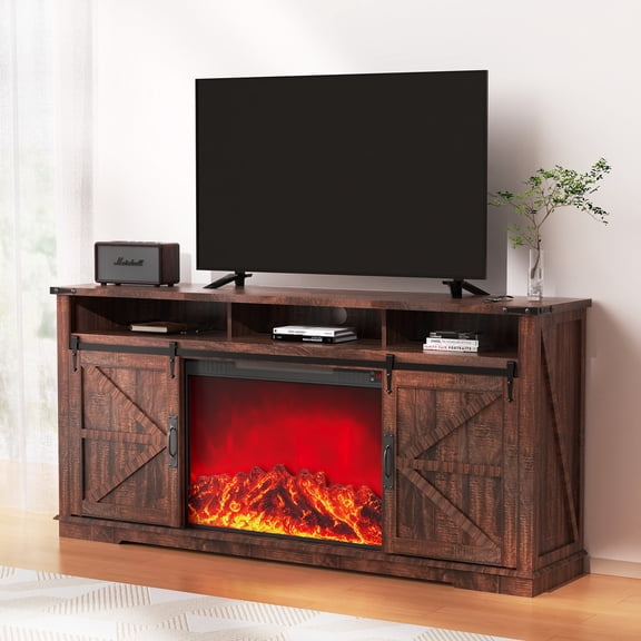 YOKWOK 70" Fireplace TV Stand with 23.6" Electric Fireplace for TVs up to 75", 7 Adjustable Colors, 3s Rapid Heating, 500W/750W Settings, 1-9 Hour Timer, Overheat Protection Device, Brown