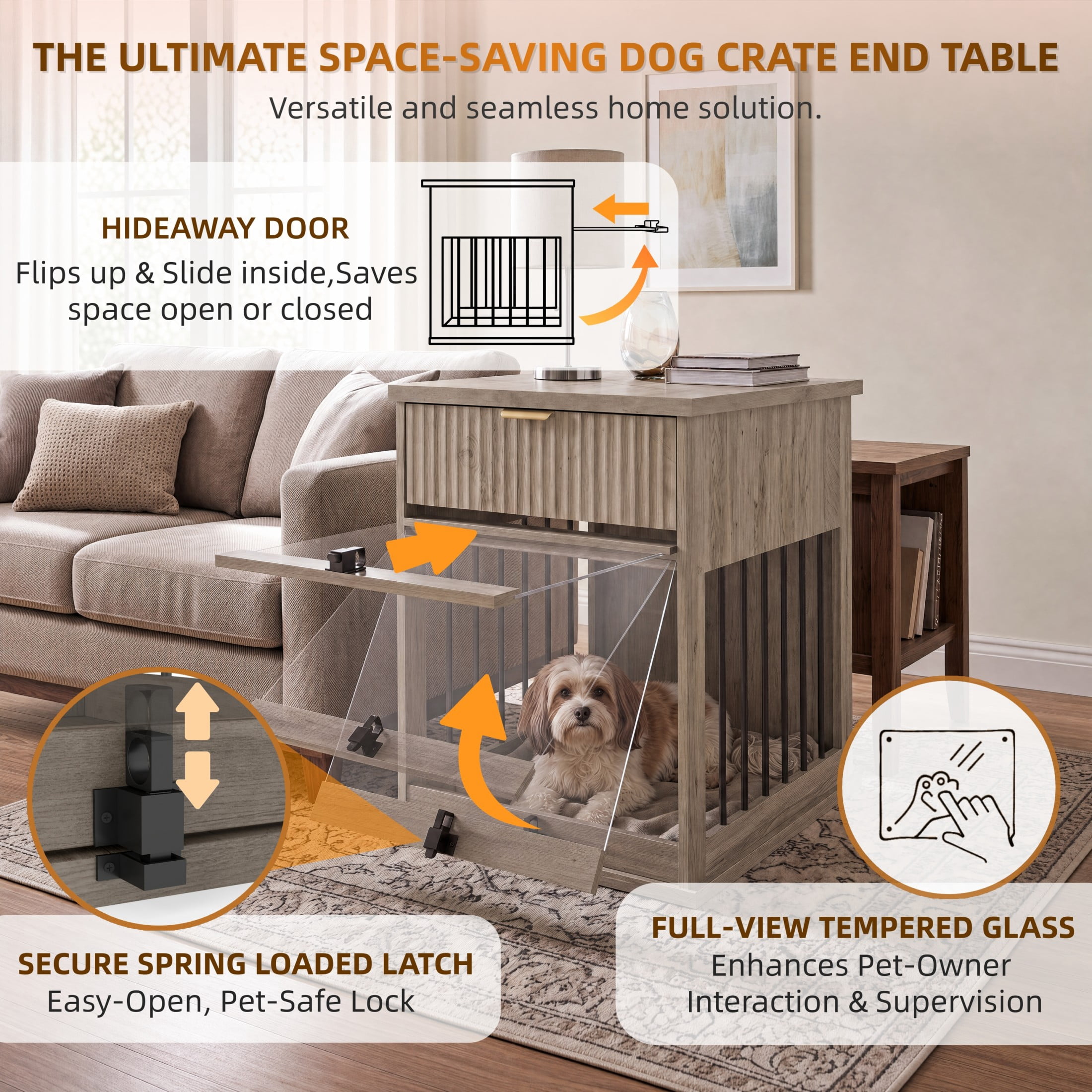 Noble House Wooden Dog Crate End Table with Charging Station & Glass Door, Pet Station Side Table, Antique Grey